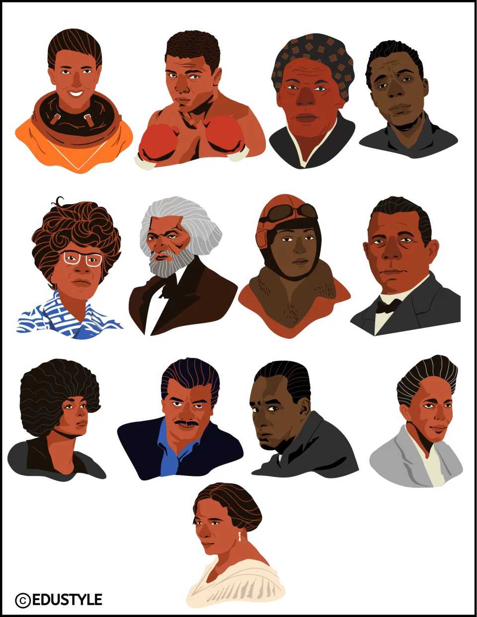 Portrait clip art: 13 illustrated head-and-shoulders portraits of Black men and women, including an astronaut and a boxer