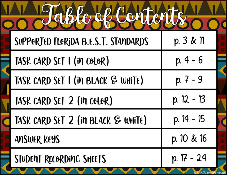 Table of contents lists two task-card sets in color and black and white, standards, keys, and recording sheets