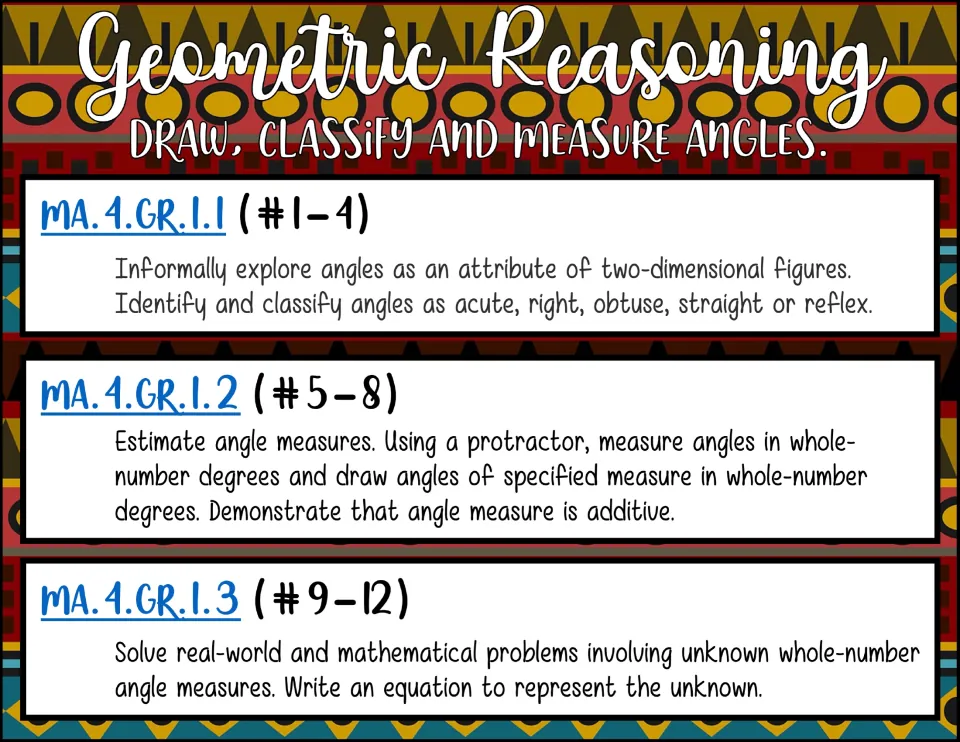 Standards guide for cards 1–12: classify angles, estimate and measure angles, and solve unknown-angle problems