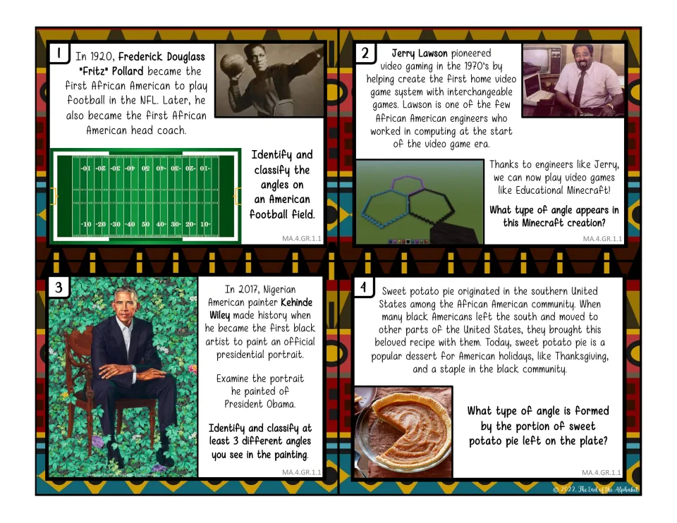 Color angle cards 1–4: classify angles in a football field, Minecraft shapes, Obama's portrait, and a pie