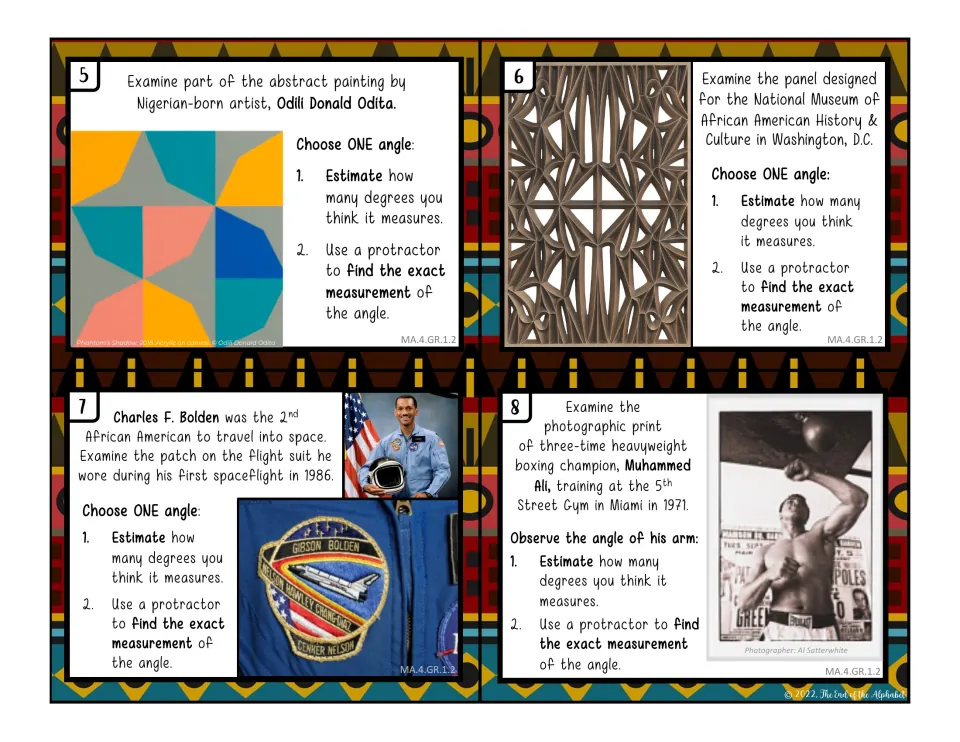 Color angle cards 5–8: estimate and measure angles in abstract art, a museum panel, a space patch, and Ali's arm