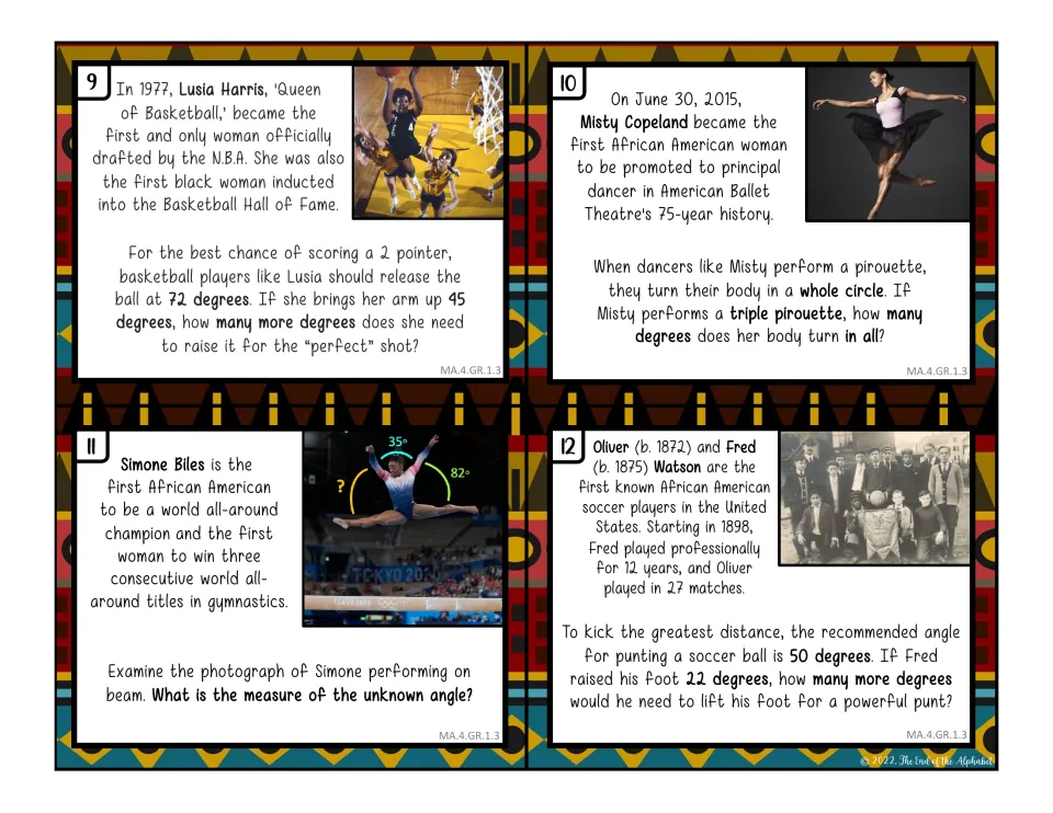 Color angle cards 9–12: solve degree problems about Lusia Harris, Misty Copeland, Simone Biles, and Fred Watson