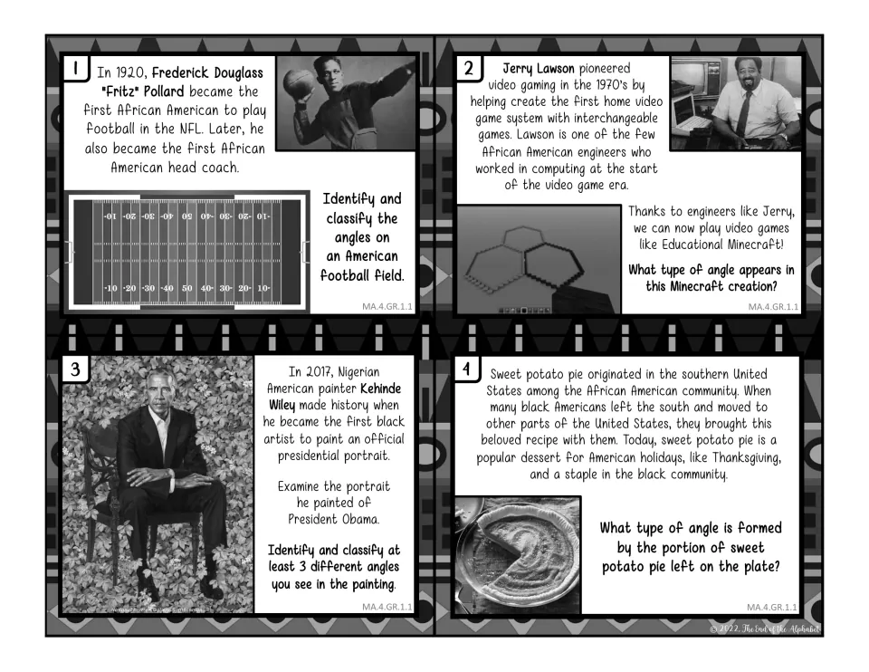 Black-and-white cards 1–4: classify angles in a football field, Minecraft shapes, Obama's portrait, and a pie