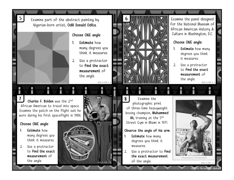 Black-and-white cards 5–8: estimate and measure angles in art, a museum panel, a space patch, and Ali's arm