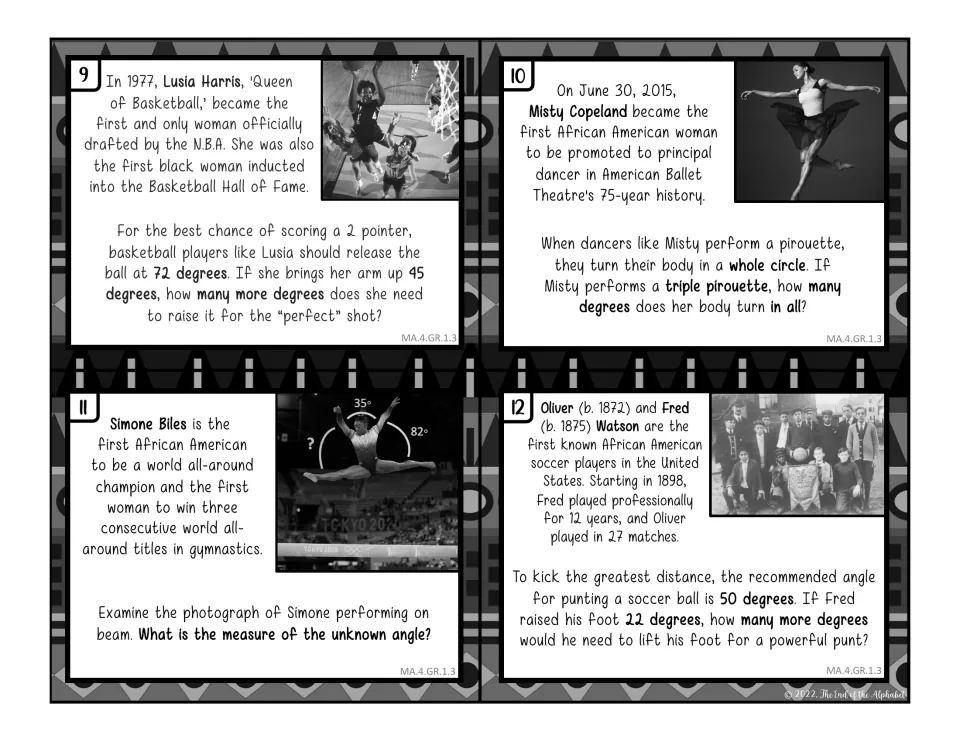 Black-and-white cards 9–12: angle problems about Lusia Harris, Misty Copeland, Simone Biles, and Fred Watson