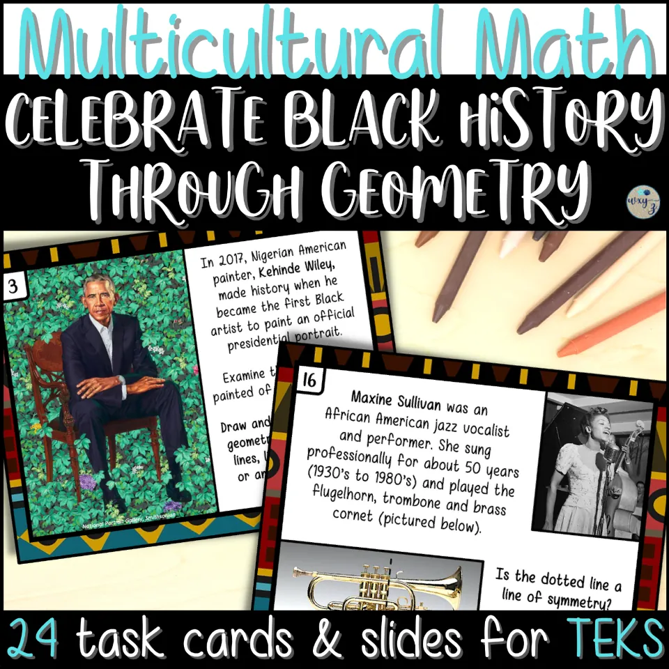 Multicultural Math cover: 24 task cards and slides pairing Black history figures with geometry questions for TEKS