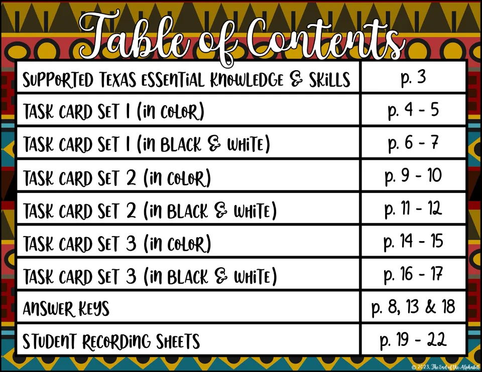 Table of contents: TEKS list, three task card sets in color and black and white, answer keys and student recording sheets