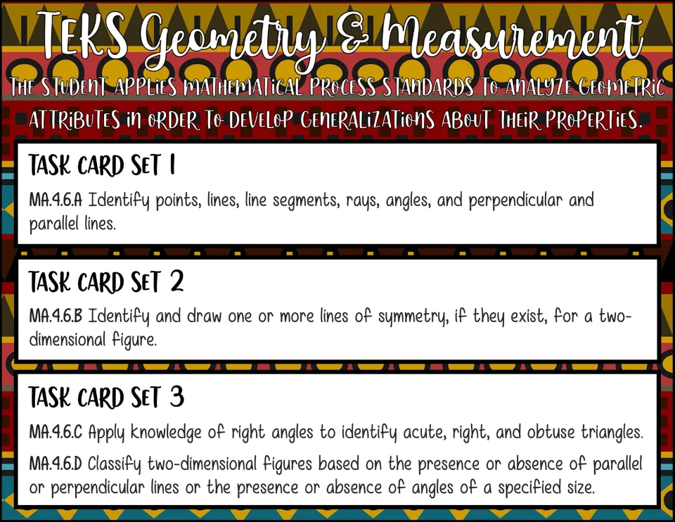 Geometry and measurement skills matched to task card sets: lines and angles, symmetry, triangles and classifying 2D figures
