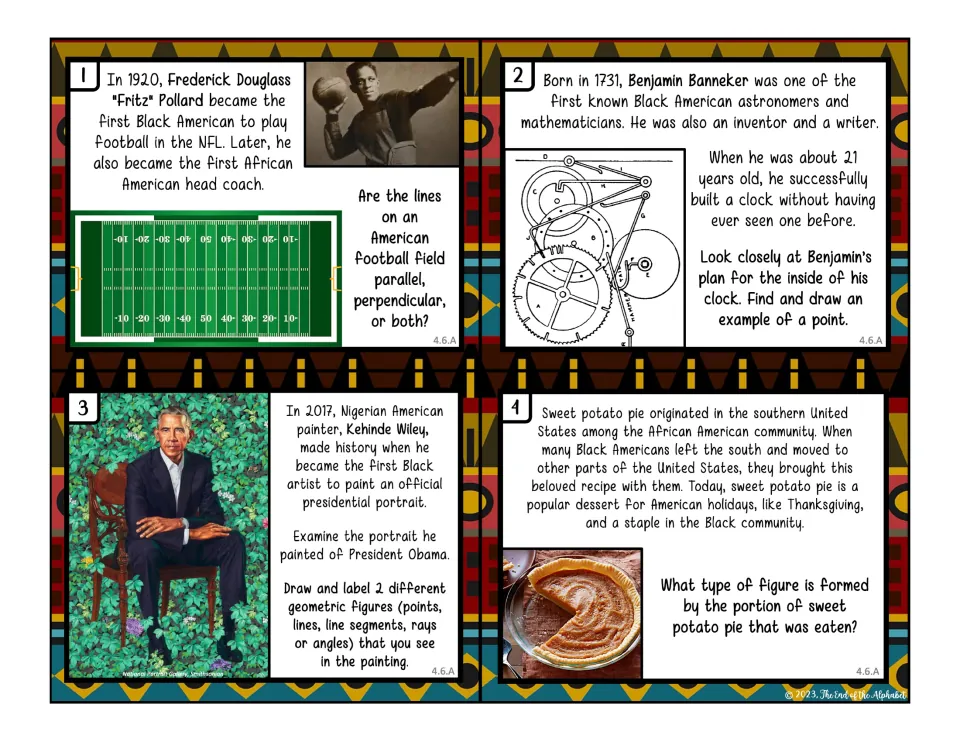 Lines and angles, cards 1-4: students judge football field lines, find a point, label a portrait and name a pie angle