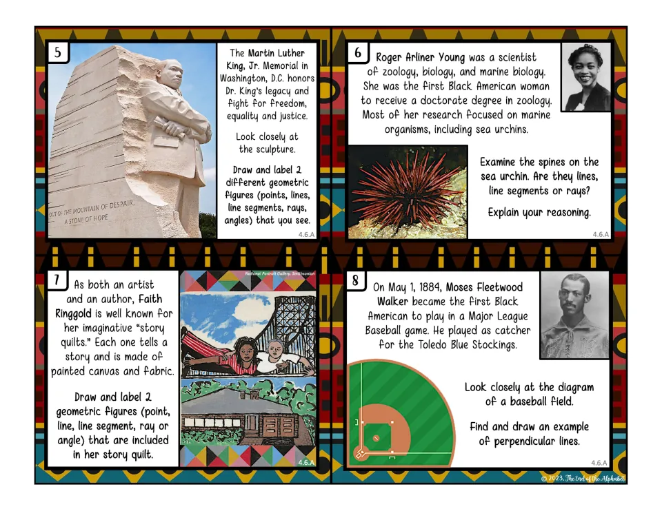 Cards 5-8: students draw figures in the MLK Memorial and a quilt, classify sea urchin spines, find perpendicular lines