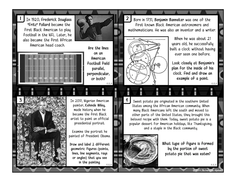 Black-and-white cards 1-4: football field lines, Banneker's clock plan, Wiley's Obama portrait and a sweet potato pie