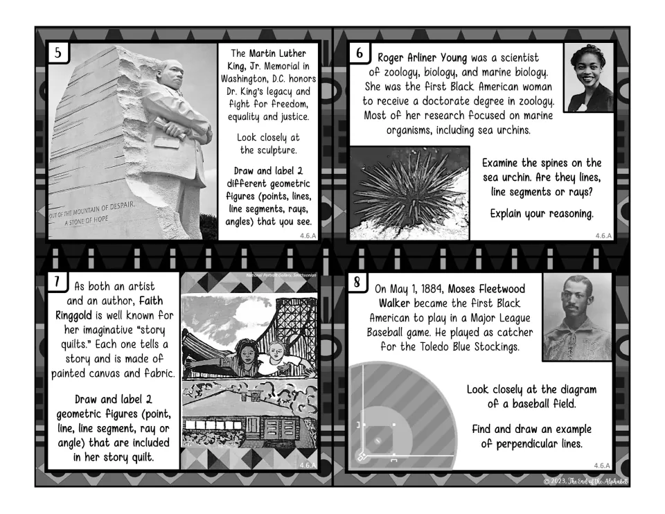 Black-and-white cards 5-8: MLK Memorial, Roger Arliner Young's sea urchin, Faith Ringgold quilt and a baseball diamond