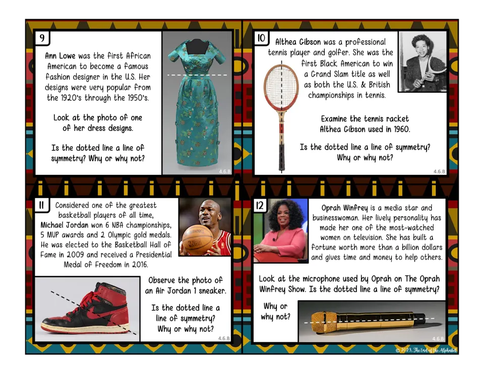 Lines of symmetry, cards 9-12: students test dotted lines on an Ann Lowe dress, a tennis racket, a sneaker and a microphone