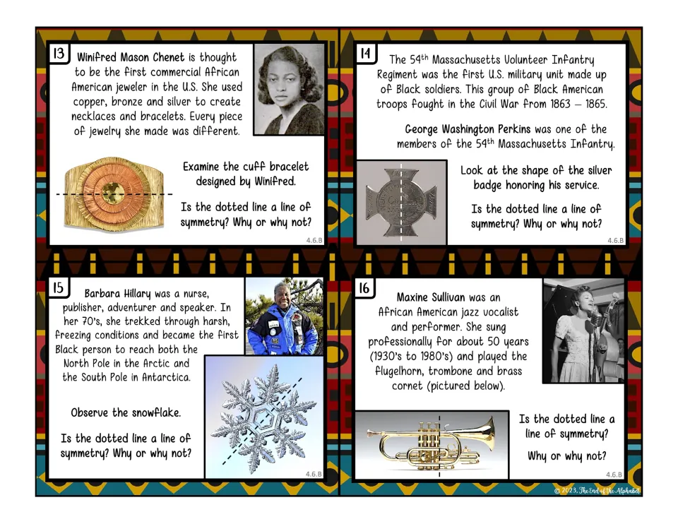 Symmetry cards 13-16: students decide if dotted lines split a cuff bracelet, a Civil War badge, a snowflake and a cornet