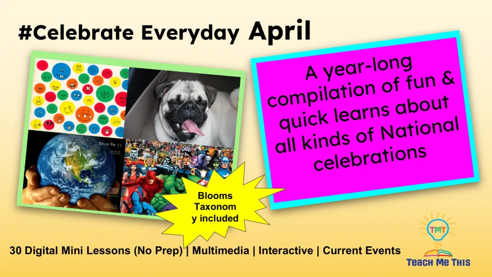 Cover of the April micro-learning deck, introducing 30 digital mini-lessons about national celebrations