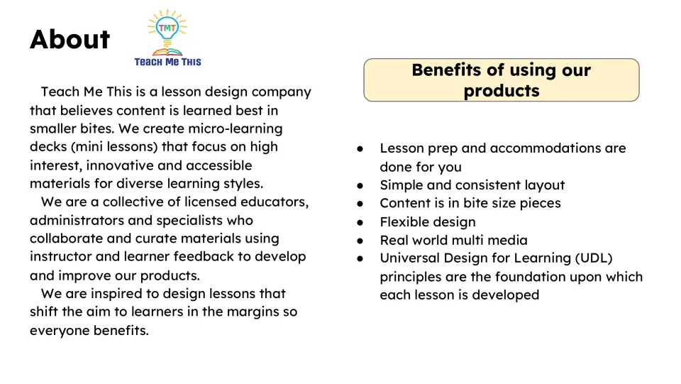 About page explaining Teach Me This micro-learning decks and their Universal Design for Learning foundation