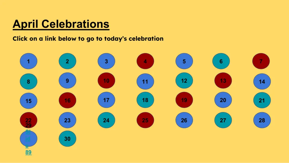 April Celebrations navigation page directs users to click a numbered link to reach today's celebration