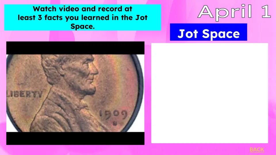 April 1 video activity asks students to record at least three facts in the Jot Space beside a penny video