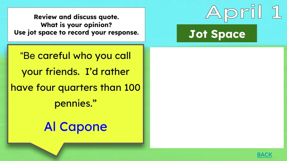 April 1 response activity asks for an opinion on a friendship quote comparing four quarters with 100 pennies