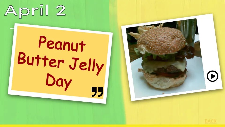 April 2 Peanut Butter Jelly Day lesson opener includes a burger photograph and a play symbol for linked media