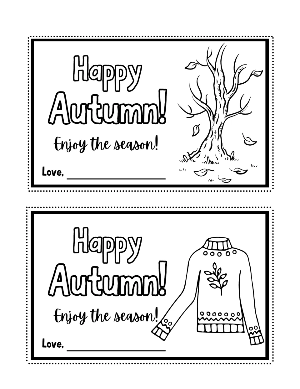 Happy Autumn! cards to color: a bare tree dropping leaves and a cozy sweater with a leaf design, each with a Love, line