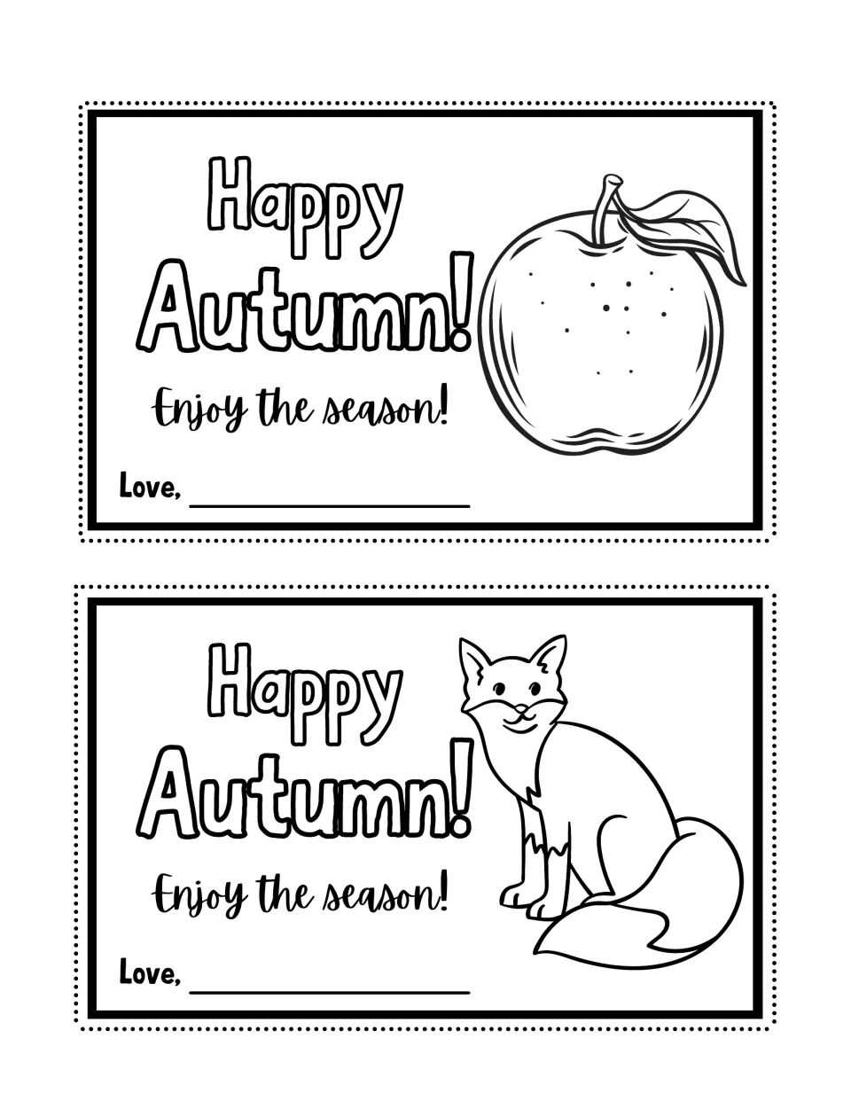Happy Autumn! cards with an apple and a sitting fox to color, each reading 'Enjoy the season!' above a Love, signature line