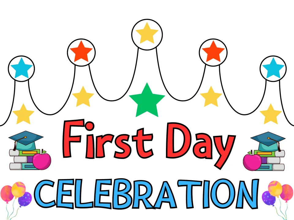 First Day Celebration crown in full color: star-tipped points, a green star, grad caps, apples, books and balloons