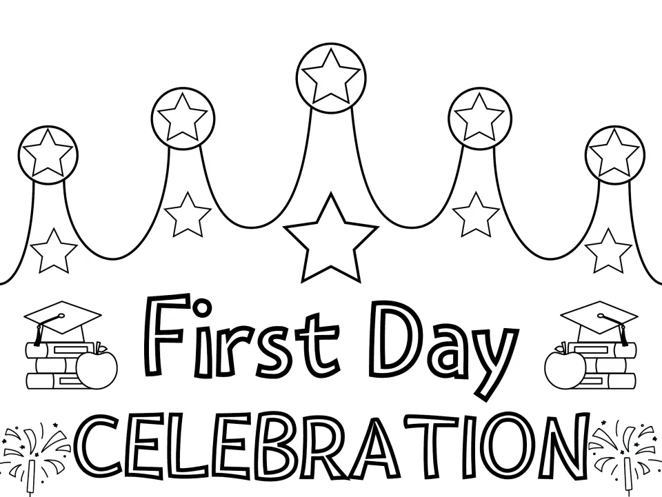 First Day Celebration crown to color: students color outlined stars, grad caps, apples, books and fireworks, then wear it