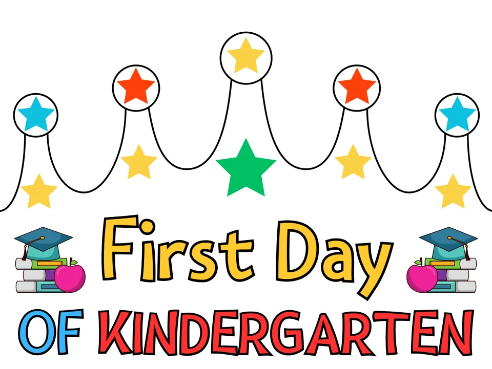 First Day of Kindergarten crown in full color with star-tipped points, a large green star, grad caps, apples and books