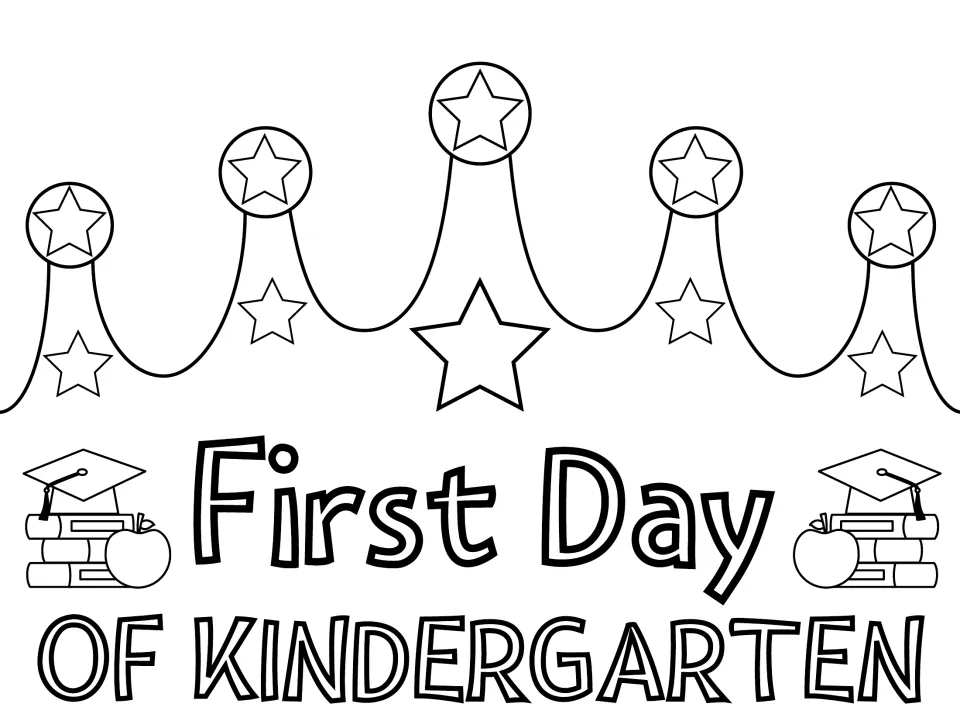 First Day of Kindergarten crown to color: students color the outlined stars, grad caps, apples and lettering to wear