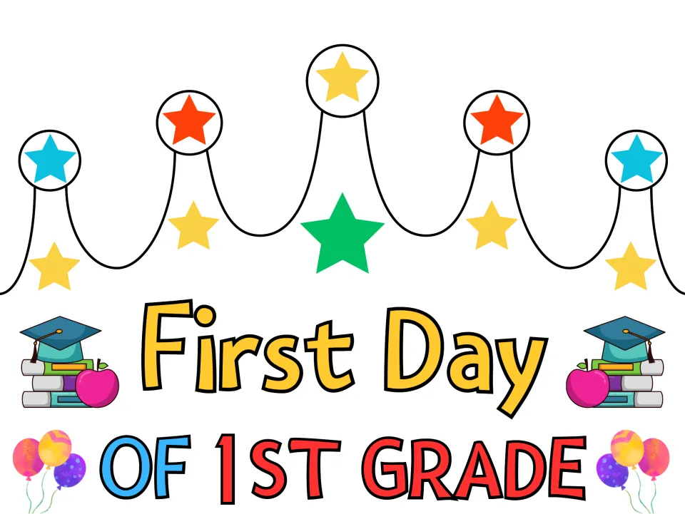 First Day of 1st Grade crown in full color with star-tipped points, grad caps, apples, books and balloon bunches
