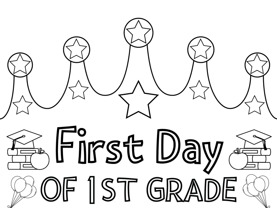 First Day of 1st Grade crown to color: students color outlined stars, balloons, grad caps and apples before wearing it