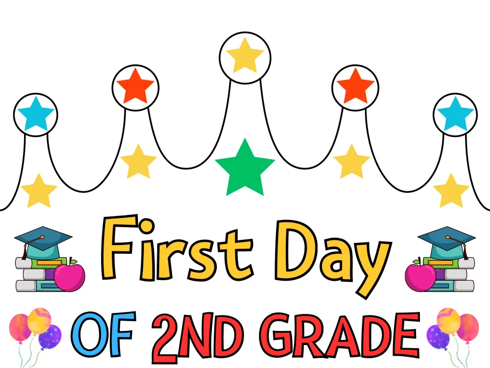 First Day of 2nd Grade crown in full color with star-tipped points, a green star, grad caps, apples and balloons