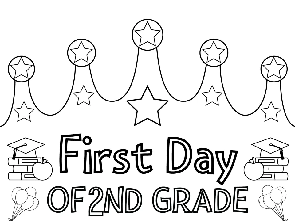First Day of 2nd Grade crown to color: students color the outlined stars, balloons, grad caps, apples and lettering