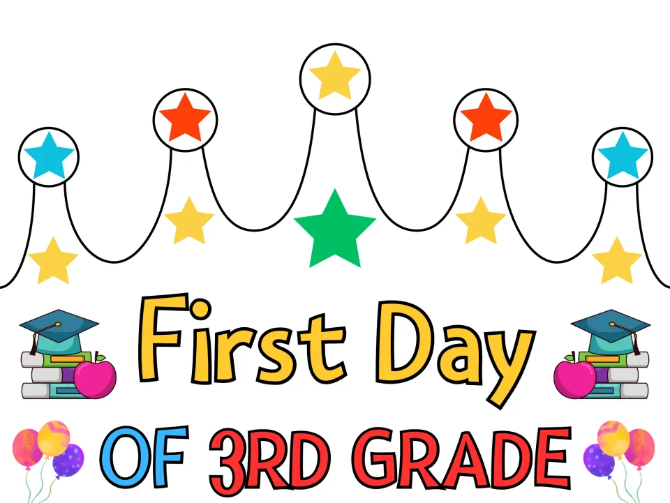 First Day of 3rd Grade crown in full color with star-tipped points, grad caps, stacked books, apples and balloons
