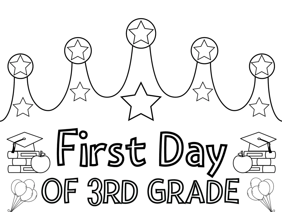 First Day of 3rd Grade crown to color: students color outlined stars, books, apples and balloons, then wear the crown