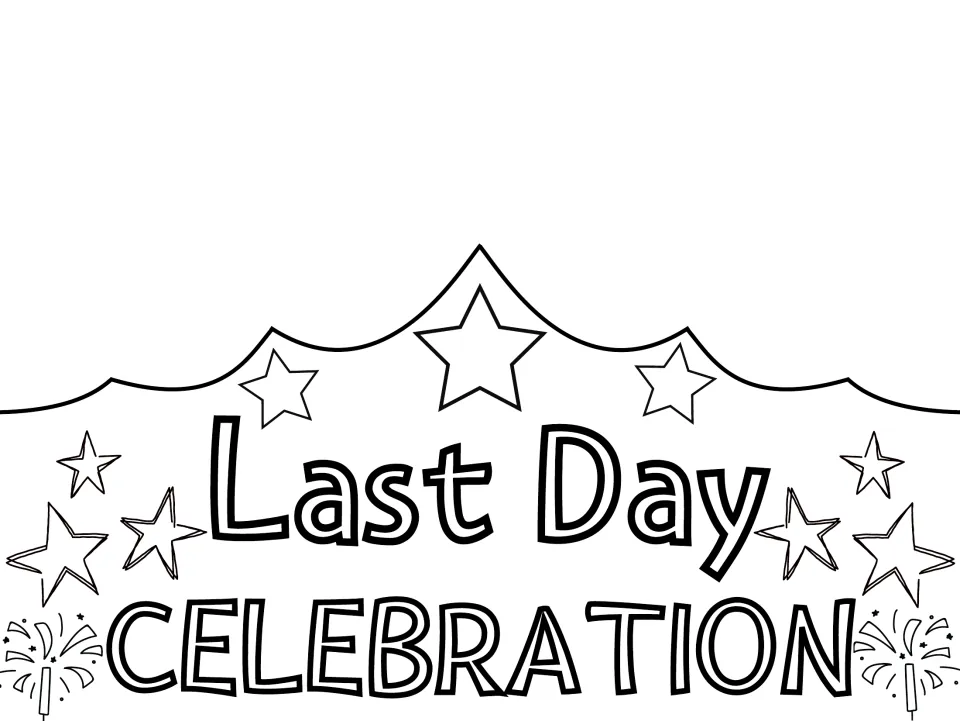 Last Day Celebration crown in black outline with stars and fireworks, ready for students to color, cut out and wear