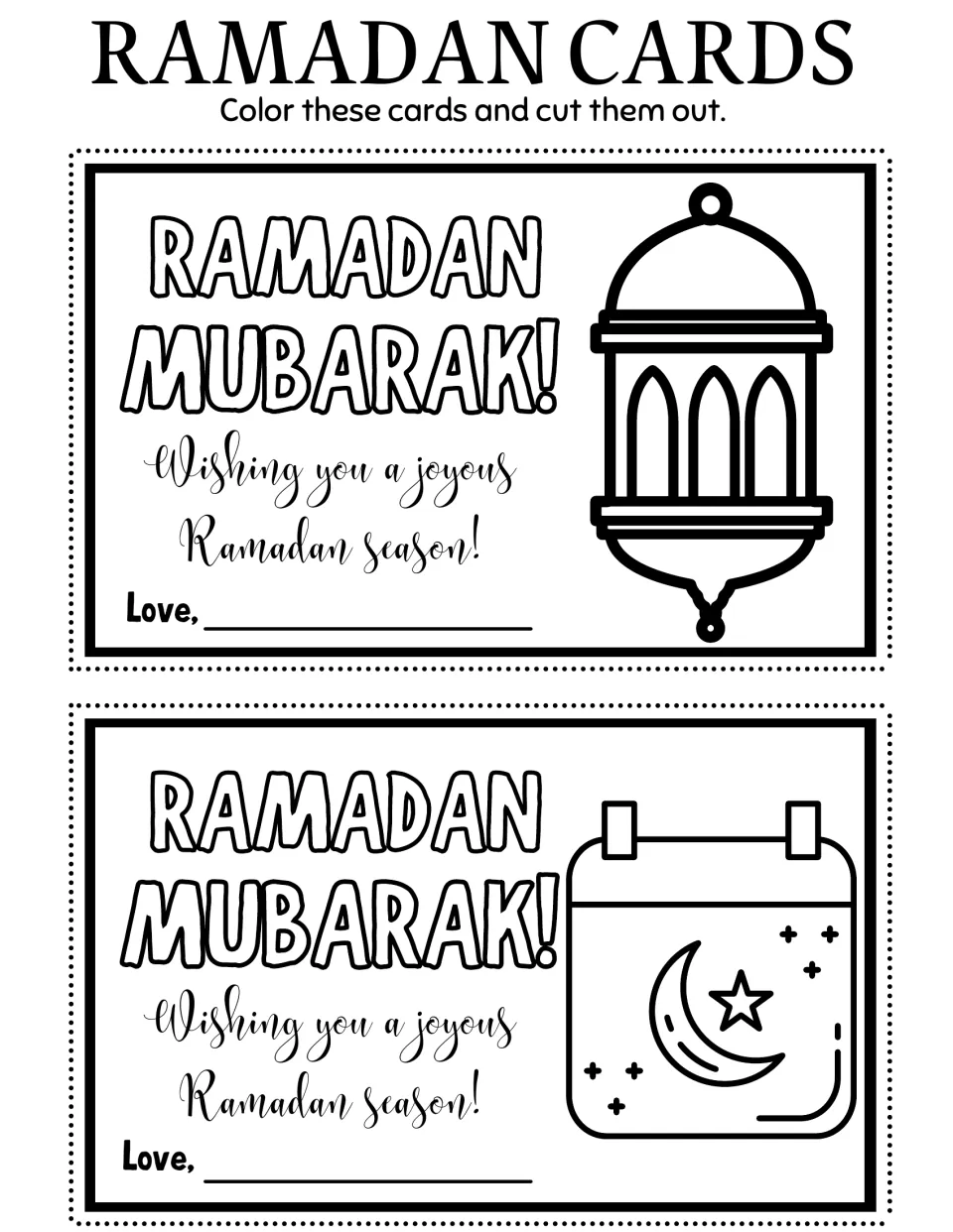 Ramadan coloring cards 1–2: a lantern and a crescent moon calendar, both reading 'Ramadan Mubarak!'