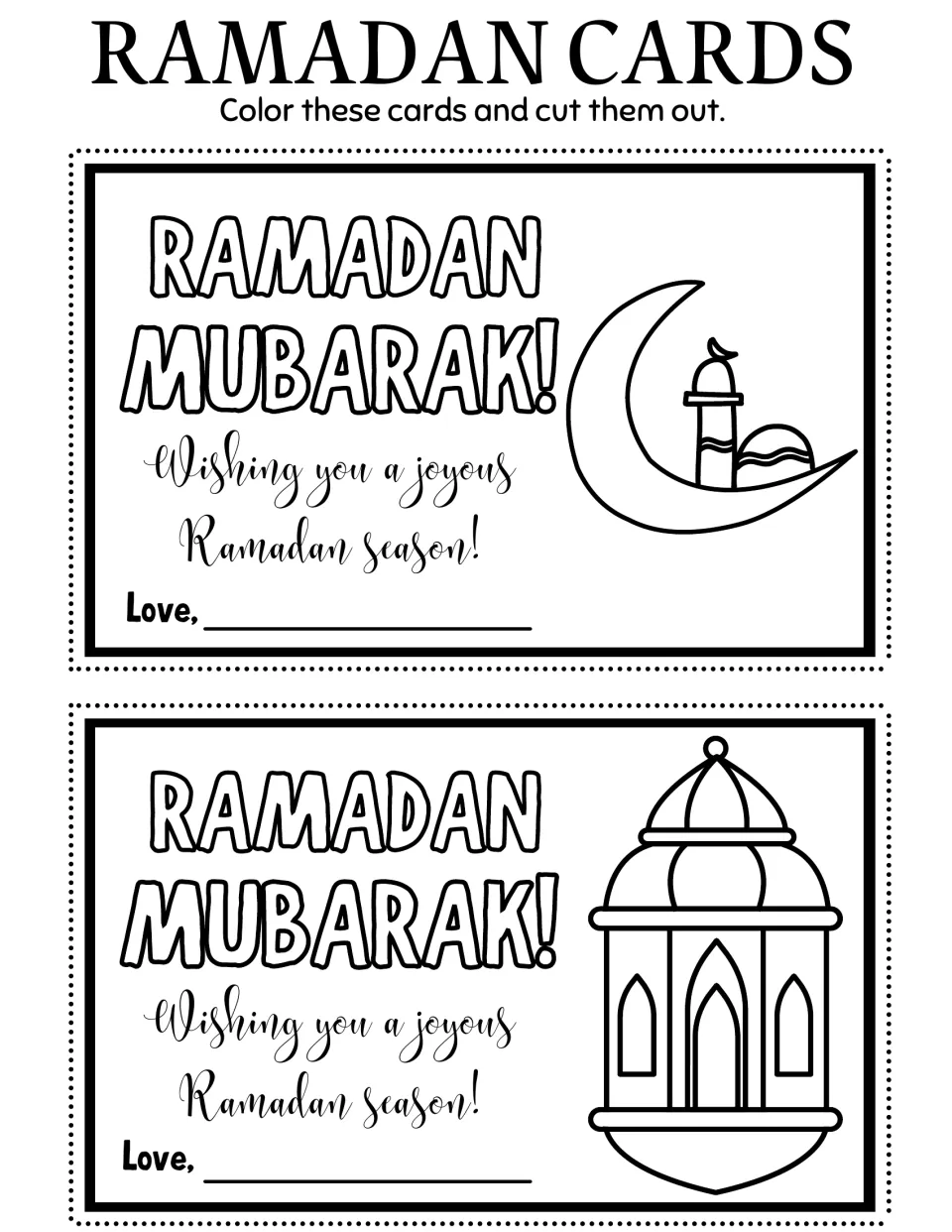 Ramadan coloring cards 3–4: a mosque inside a crescent moon and a lantern, both saying 'Ramadan Mubarak!'