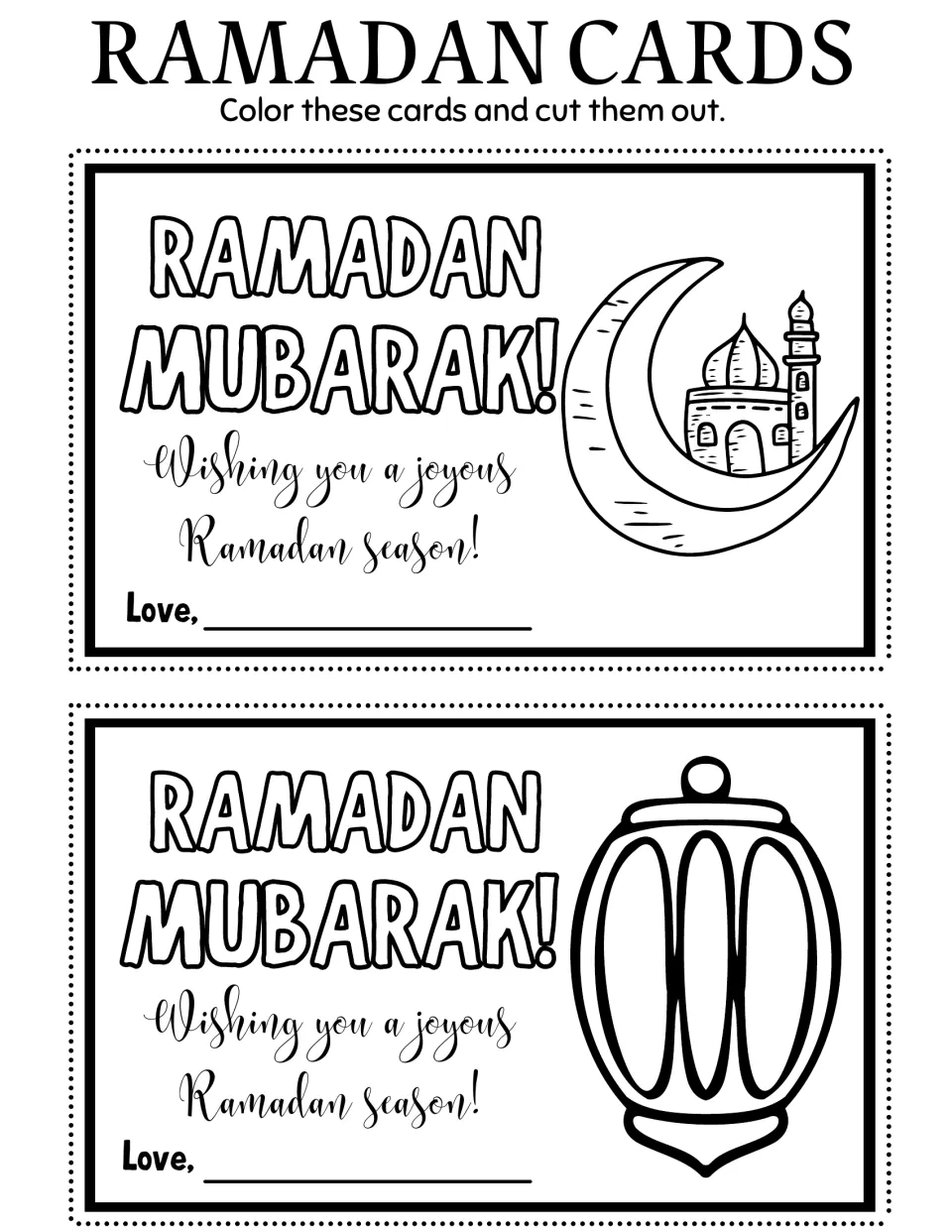 Ramadan coloring cards 5–6: a crescent surrounding a mosque and a rounded lantern, with 'Ramadan Mubarak!'