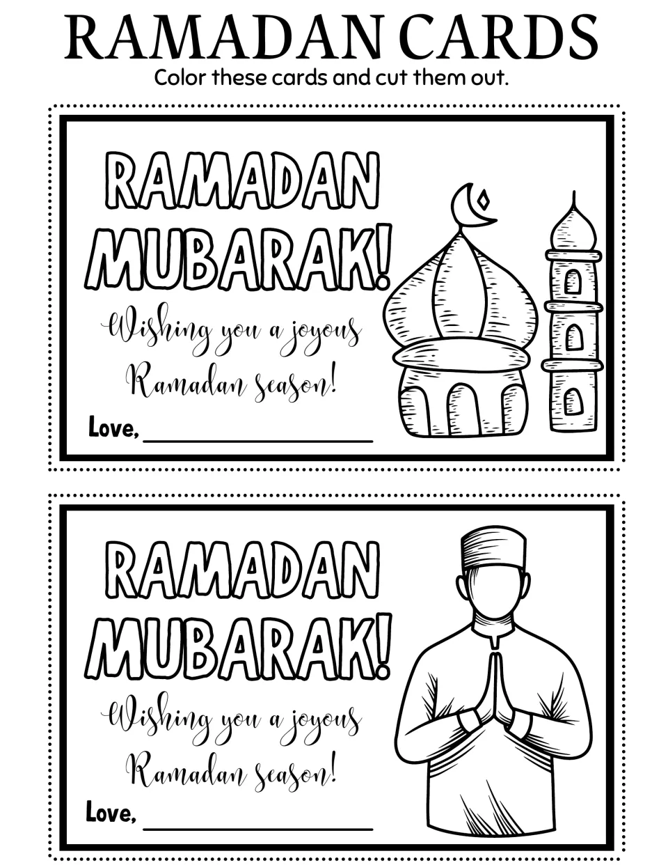 Ramadan coloring cards 7–8: a mosque and a man holding his palms together, both saying 'Ramadan Mubarak!'