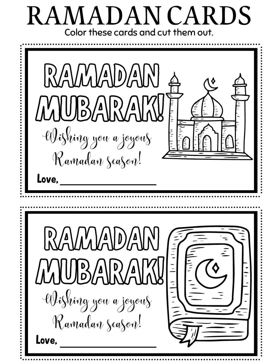Ramadan coloring cards 9–10: a mosque with two minarets and a book with a crescent, with 'Ramadan Mubarak!'