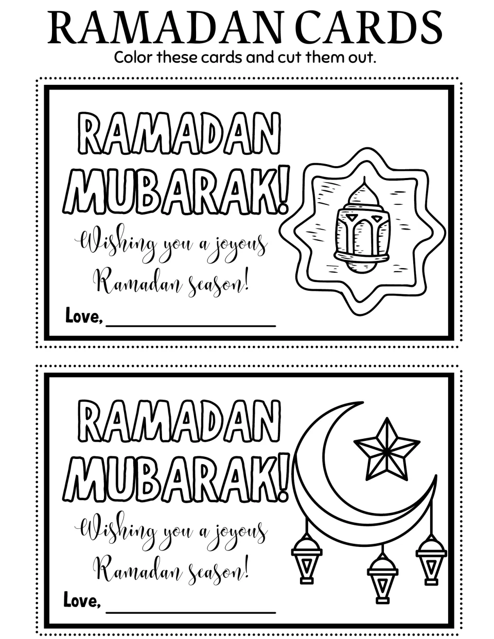 Ramadan coloring cards 11–12: a lantern emblem and a crescent with hanging lanterns, with 'Ramadan Mubarak!'