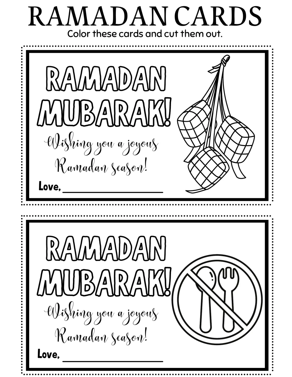 Ramadan coloring cards 13–14: woven parcels and a crossed-out spoon and fork, both saying 'Ramadan Mubarak!'