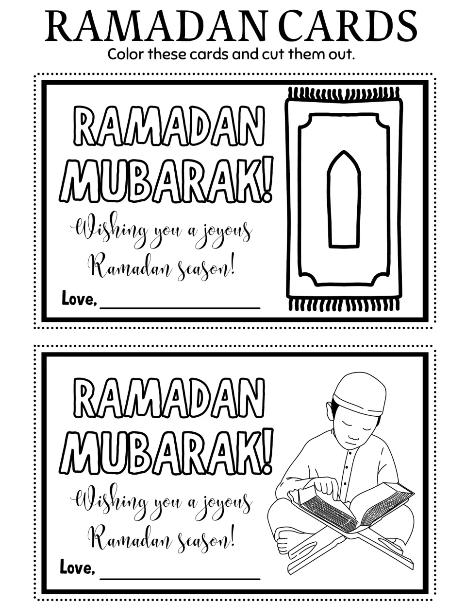 Ramadan coloring cards 15–16: a prayer rug and a boy reading a book on a stand, with 'Ramadan Mubarak!'