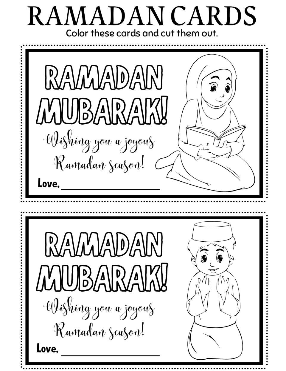 Ramadan coloring cards 17–18: a girl reading and a boy praying with raised hands, with 'Ramadan Mubarak!'