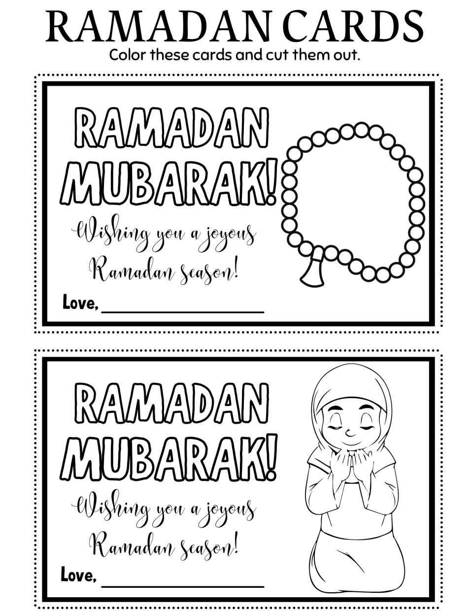 Ramadan coloring cards 19–20: prayer beads and a girl praying with raised hands, with 'Ramadan Mubarak!'