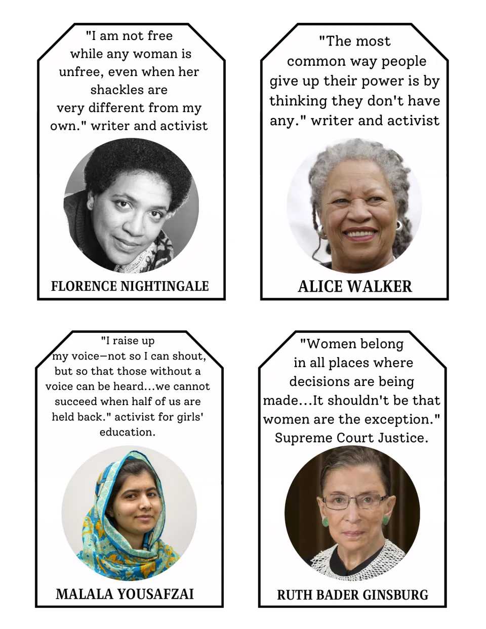 Quote cards labeled Florence Nightingale, Alice Walker, Malala Yousafzai and Ruth Bader Ginsburg, each with a portrait