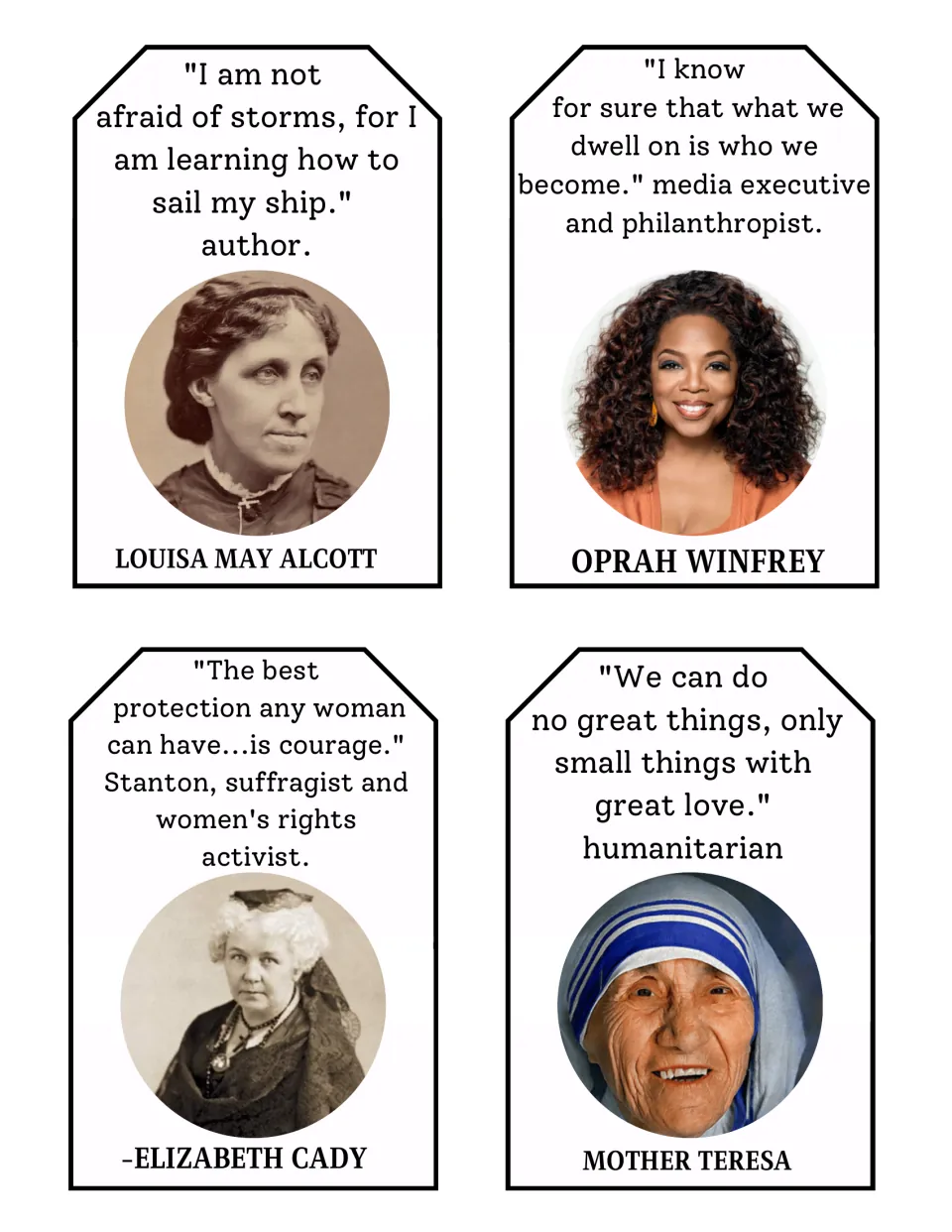 Quote cards for Louisa May Alcott, Oprah Winfrey, Elizabeth Cady Stanton and Mother Teresa, each with a photo and quote