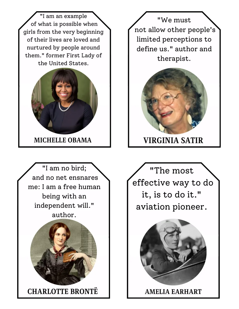 Quote cards for Michelle Obama, Virginia Satir, Charlotte Brontë and Amelia Earhart with portraits and their words